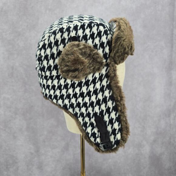 Mudd Black Aviator Trapper Fux Houndstooth Earmuff Buckle Pilot Cap Bucket Hat - Picture 1 of 5
